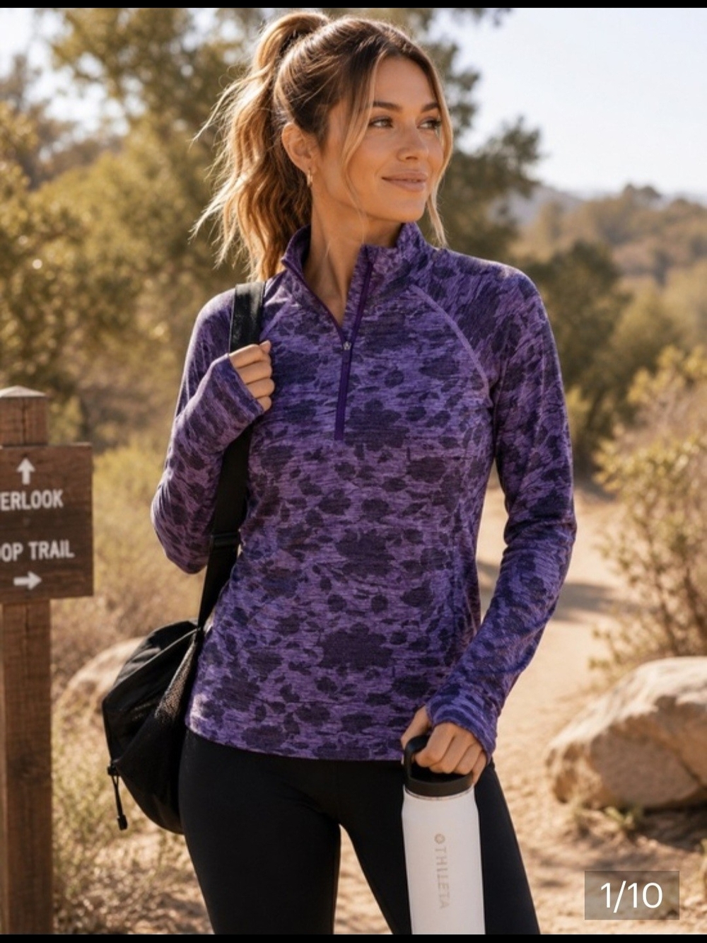 Athleta Momentum Floral 1/2 Zip Top M Wandering Floral Basalt Violet UPF 50